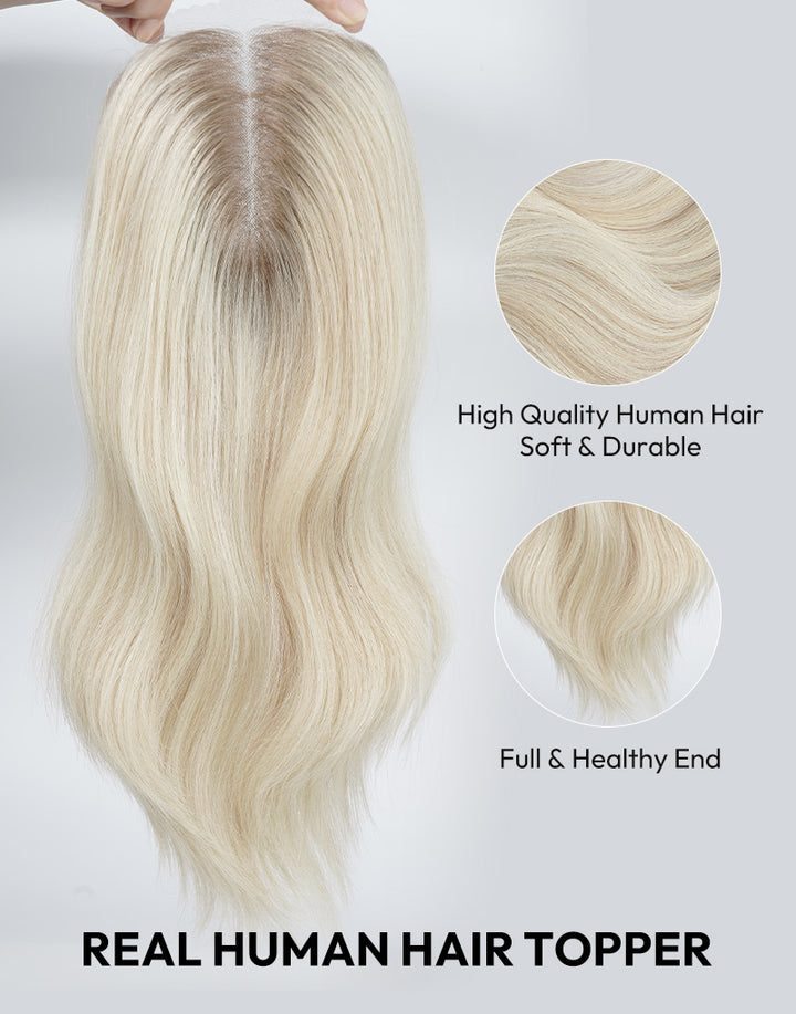 5.5"x6" Wavy Fine Mono Human Hair Topper Seamless Clip-In Coverage For Thinning Hair