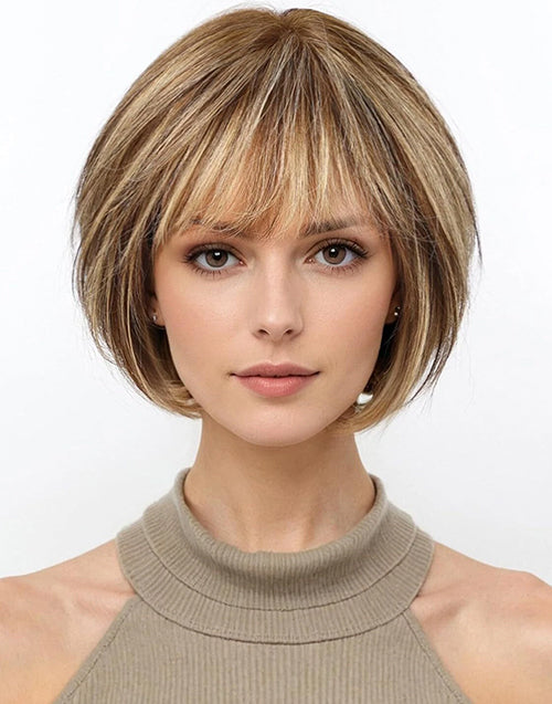 Pine- Short Bob Wigs Brown Mixed Blonde Straight Wigs With Bangs 5x5 Lace Human Hair For Women