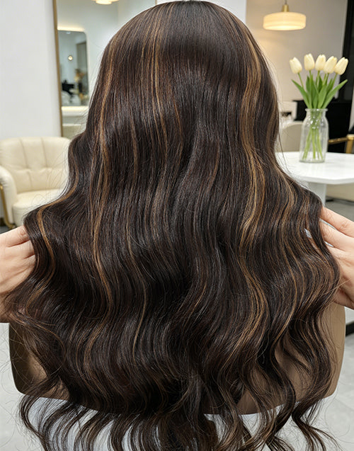 Laura-  True-Hold Glueless Wig Fashion Balayage Wavy 13x4 Lace Frontal Human Hair Wig Mid Length