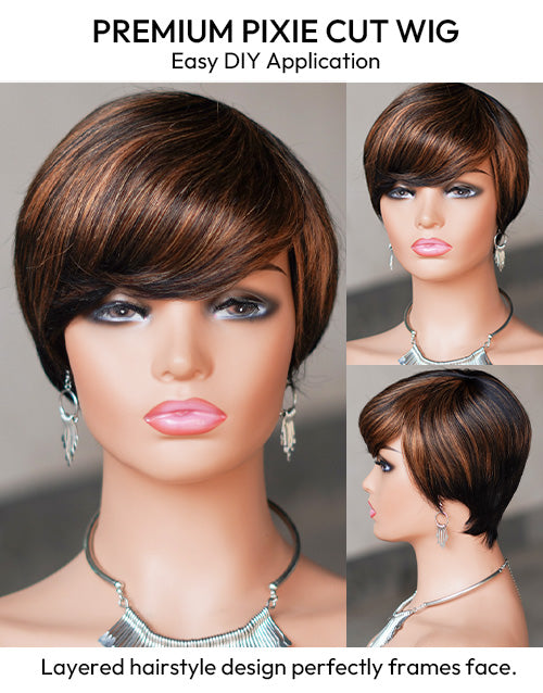 Short Pixie Cut with Auburn Brown Ombre Top Similar to #30 Layered Wig with Bangs F1B/30 Human Hair Wig for Women