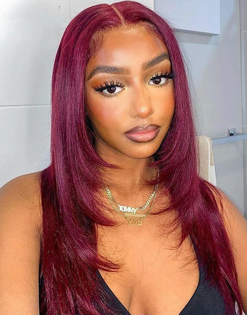 22" Burgundy 99J Color Straight Layered Wigs 6x5 Pre Cut Lace Glueless Wig Flash Deal