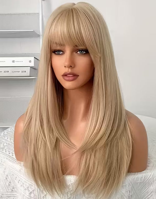 Melody- Minimalist Lace Beige Blonde Elegant Long Straight Layered Wig With Bangs For Women