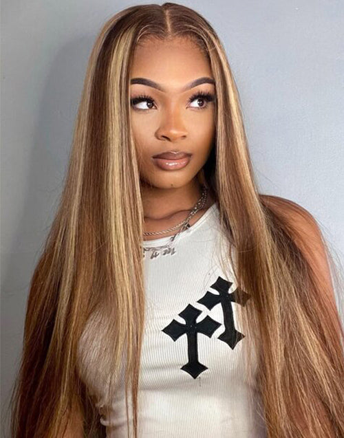 Katelyn- With Drawstring Honey Brown Highlight Straight Hair Glueless Wig Pre Cut 7x5 Lace