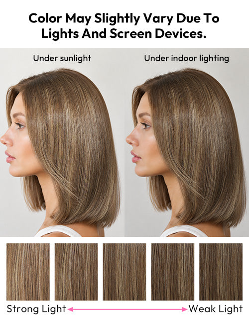 Georgia- Highlight Golden Brown Straight Bob Wig With Curtain Bangs True-Hold Glueless 5.5x5.5 Lace Wig