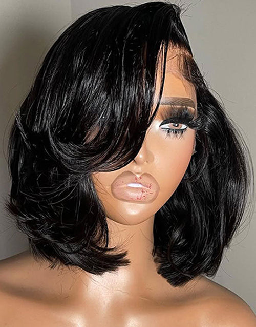 Yama- New Layered Haircut Short Bob Wig With Side Bangs C Part Glueless Human Hair Wig