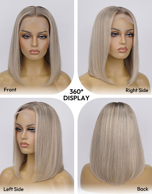 Yara- Ombre Ash Blonde Straight Bob Wig Undetectable Hairline Glueless Wigs For Women 13x4 Lace