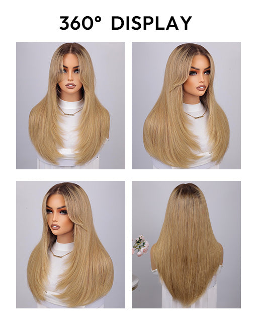 Winly- T4/27 Ombre Light Brown Honey Curtain Bangs Layered Straight Glueless Wig 13x5 Pre Cut Lace