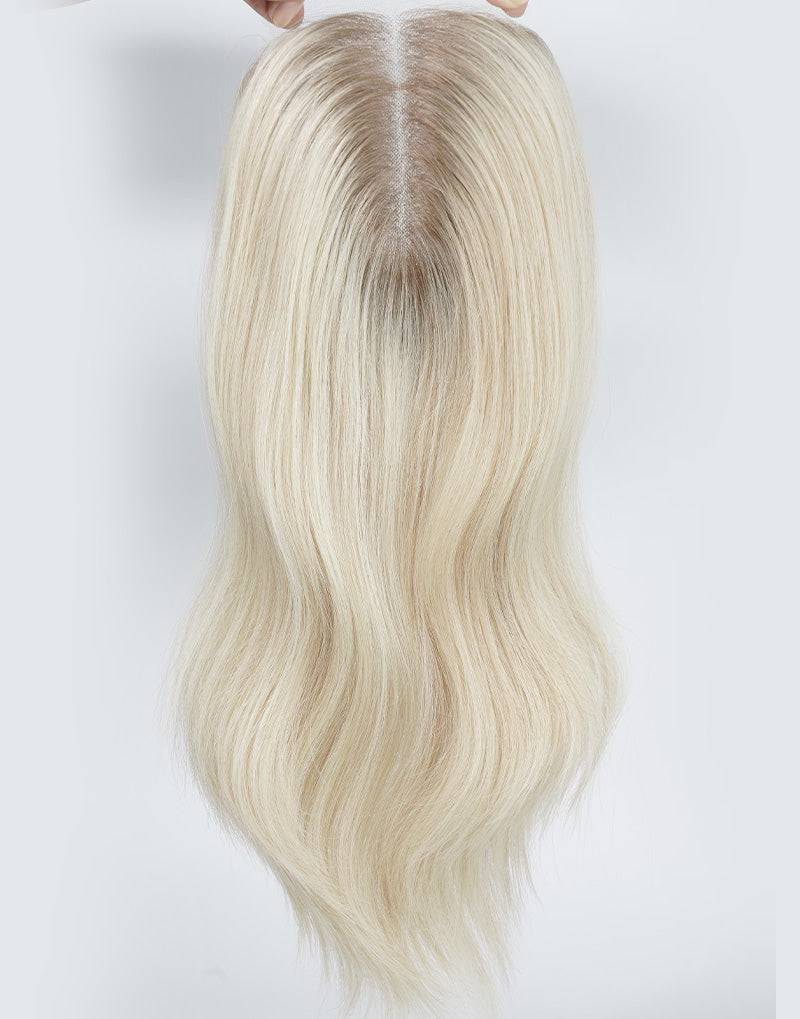 5.5"x6" Wavy Fine Mono Human Hair Topper Seamless Clip-In Coverage For Thinning Hair