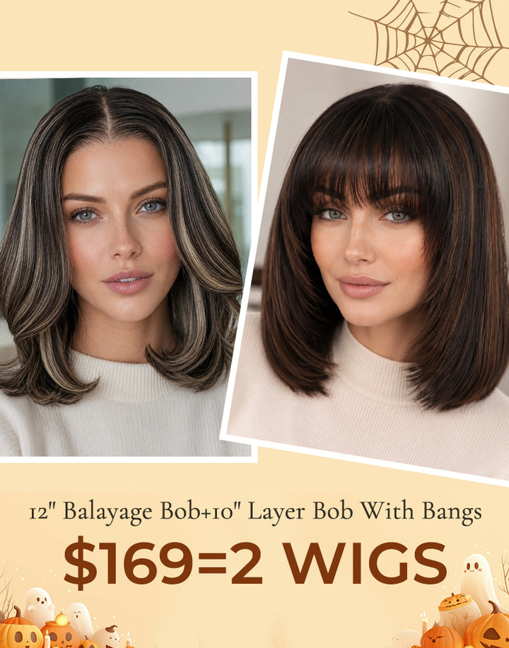 $169=2 WIGS|12" Balayage Wavy 7x5 Bob Wig+10" Brown Highlight Straight 6x5 Bob Layer Wig With Bangs Flash Deal