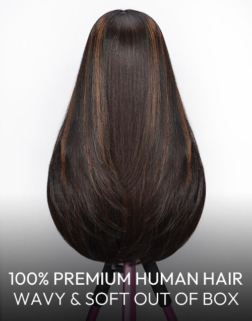 Selene- Glueless Pull Go Wig Brown Highlight Layered Haircut Straight Wig With Curtain Bangs Pre Cut Lace