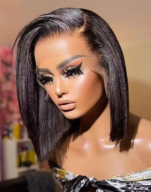 9X6 Pre Cut Crystal Lace Yaki Straight Bob Human Hair Wigs 13X4 Lace Frontal Wigs