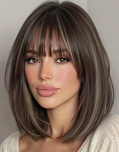 Daria- Minimalist Lace Highlight Dark Brown Blonde Straight Bob Wig With Bangs