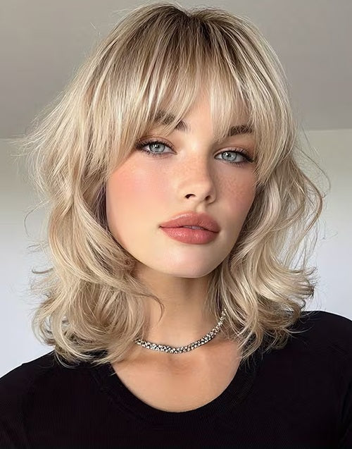 Minimalist Lace Blonde Gradient Highlights Layered Wavy Bob Wig With Bangs Flash Deal