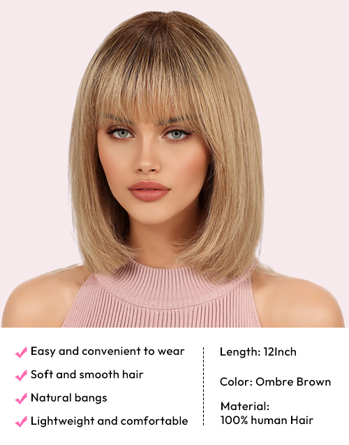 [Ready To Ship Only For US] Amara -Ombre Ash Blonde Brown Bob Wig With Bangs 5x5 Lace