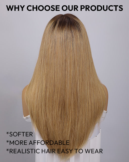 Winly- T4/27 Ombre Light Brown Honey Curtain Bangs Layered Straight Glueless Wig 13x5 Pre Cut Lace