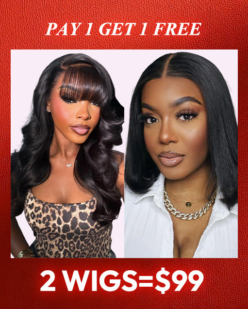 2 WIGS=$99|16" Body Wave 13x5 Pre Cut Lace Wig With Bangs+8" Bob Straight 13x4 Lace Wig Flash Deal