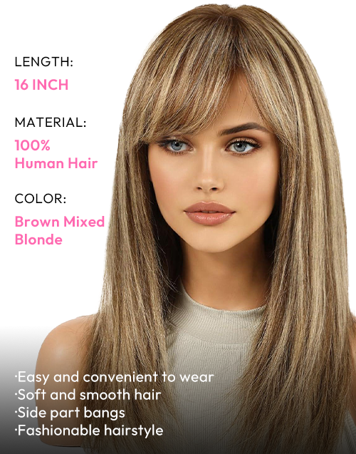 Mignon- Brown Mixed Blonde Curtain Bangs Layered Straight Wig With Bangs 13x4 Lace For Women Daily Wig