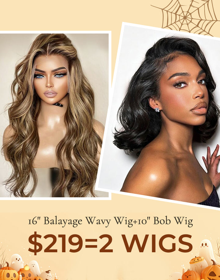 $219=2 WIGS|16" Balayage Honey Wavy 7x5 Wig+10" Wavy 13x5 Bob Wig Flash Deal