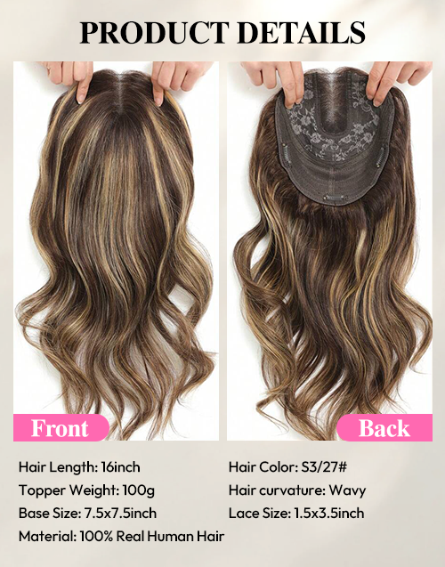 16" 7.5x7.5inch Large Base Highlights Hair Toppers For Women Zero-Net Real Human Hair Toppers With Thinning Hair For Daily Wear