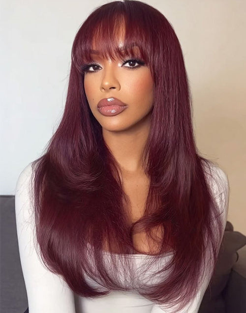 Reese- Black Cherry Straight Face-Framing Layers Wig With Wispy Bangs Glueless Natural Volume Style Pre Cut Lace
