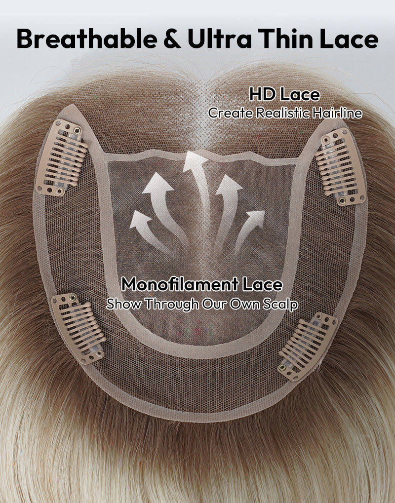 5.5"x6" Wavy Fine Mono Human Hair Topper Seamless Clip-In Coverage For Thinning Hair