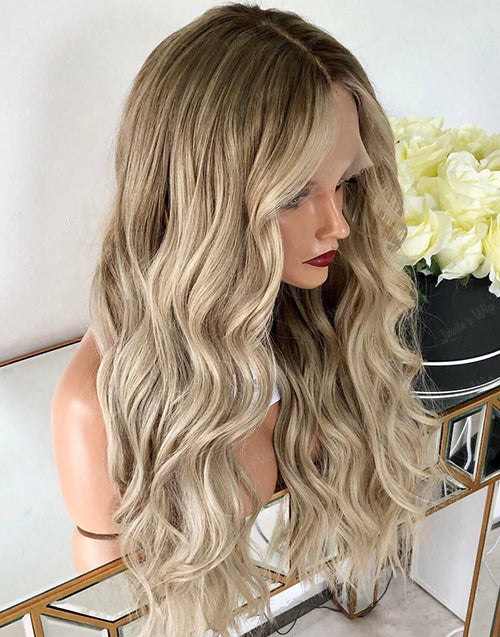 Joyce-Ombre Ash Blonde Long Wavy Wig 220% Density 360 Full Lace Frontal Human Hair Wig for Women
