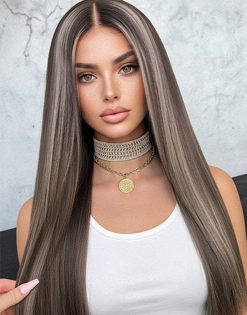 26" 28" Ombre Highlight Ash Blonde Mixed Color Straight Lace Wig Flash Deal