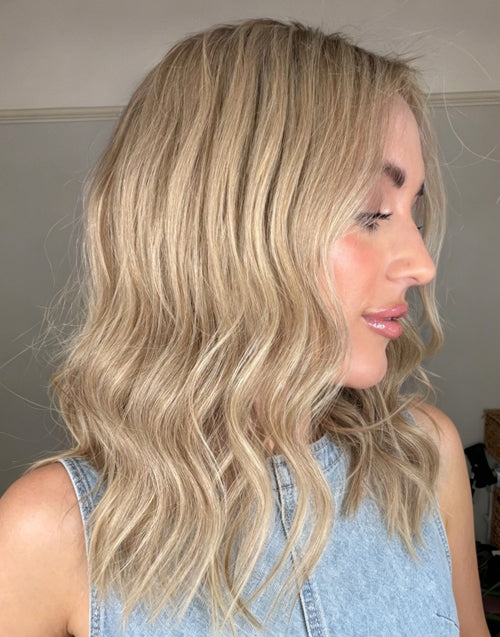 Sunny- Beach Blonde Highlight Wavy Bob Human Hair Wig with Shadow Root Mid-Length Bob