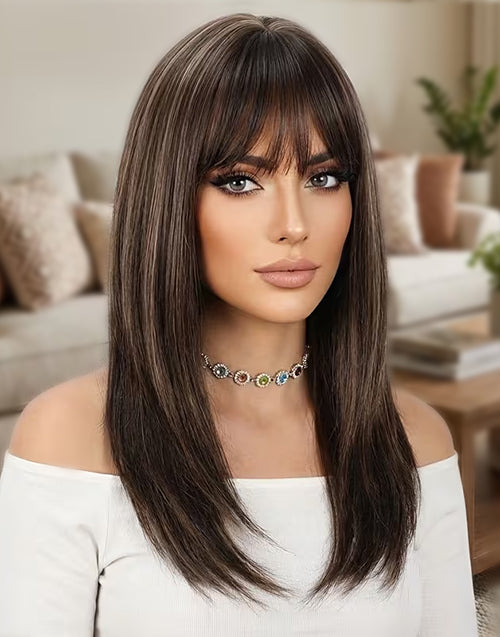 Meely- Minimalist Lace Blonde Highlight Straight Layered Wig With Bangs For Women
