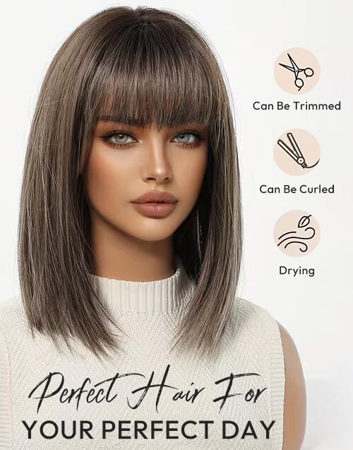 Daria- Minimalist Lace Highlight Dark Brown Blonde Straight Bob Wig With Bangs