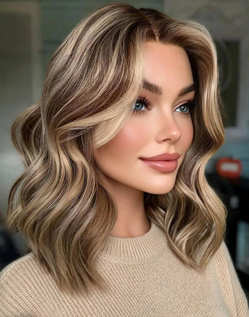 16" Balayage Brown And Blonde Wavy Bob 13x4 Lace Front Wig Flash Deal