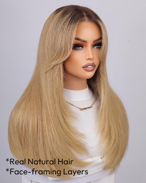 Winly- T4/27 Ombre Light Brown Honey Curtain Bangs Layered Straight Glueless Wig 13x5 Pre Cut Lace