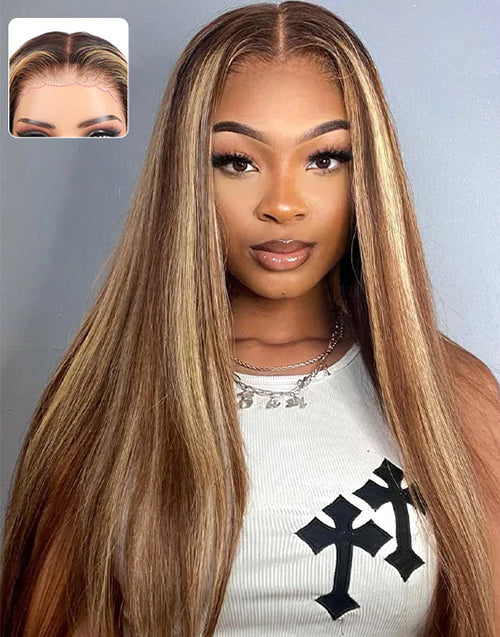 Katelyn- With Drawstring Honey Brown Highlight Straight Hair Glueless Wig Pre Cut 7x5 Lace