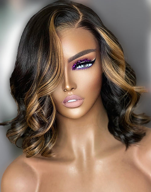 Tawnie- Highlight Honey Wavy Bob Wig Side Part Pre Cut Lace Human Hair Glueless Wig