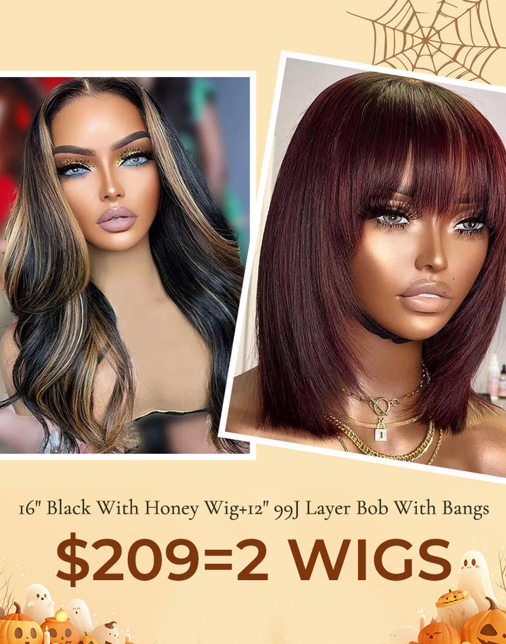 $209=2 WIGS|16" Highlight Wavy 7x5 Wig+12" 99J Straight 6x5 Bob Layer Wig With Bangs Flash Deal