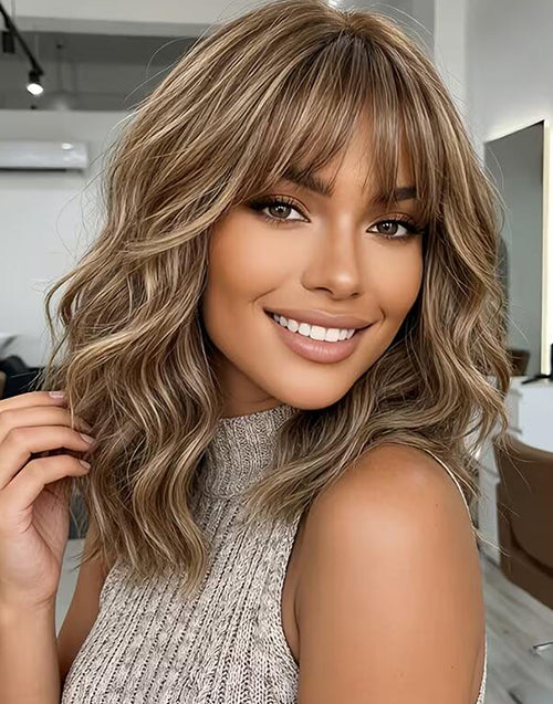 Latasha- Light Chestnut Highlights With Amber Golden Wavy Bob True-Hold Glueless 5.5x5.5 Lace Wig For Women 100% Human Hair