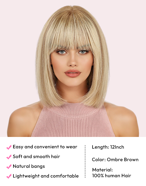 [Ready To Ship Only For US] Amara -Ombre Ash Blonde Brown Bob Wig With Bangs 5x5 Lace