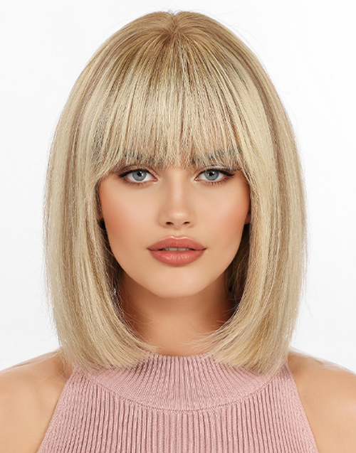 [Ready To Ship Only For US] Amara -Ombre Ash Blonde Brown Bob Wig With Bangs 5x5 Lace