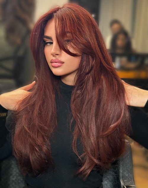 Sasha- Cherry Brown Color Layered Wavy Glueless Wig With Curtain Bangs Human Hair Pre Cut Lace