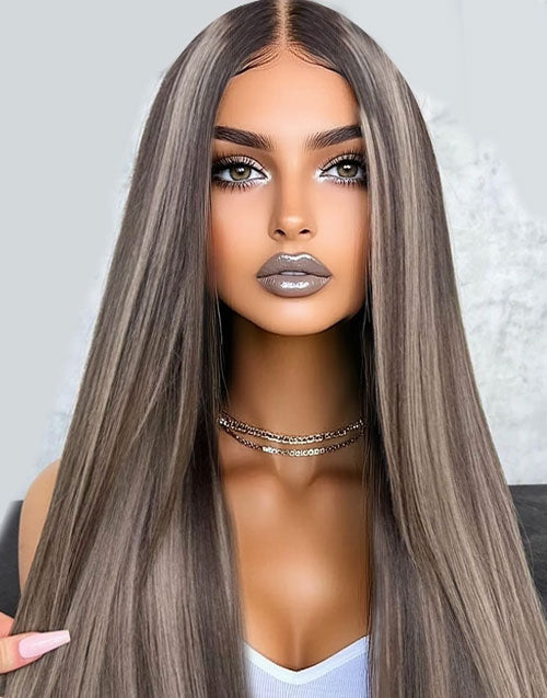 26" 28" Ombre Highlight Ash Blonde Mixed Color Straight Lace Wig Flash Deal