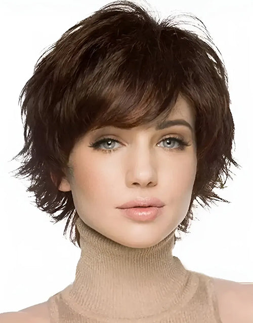 Zibela- Dark Brown Short Natural Wavy Bob Wig With Side Bangs For Women Human Hair 6.5x4.5 Lace