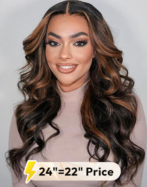 22" 24" Highlight Brown Wavy Pre Cut 7x5 Lace Glueless Wig Flash Deal