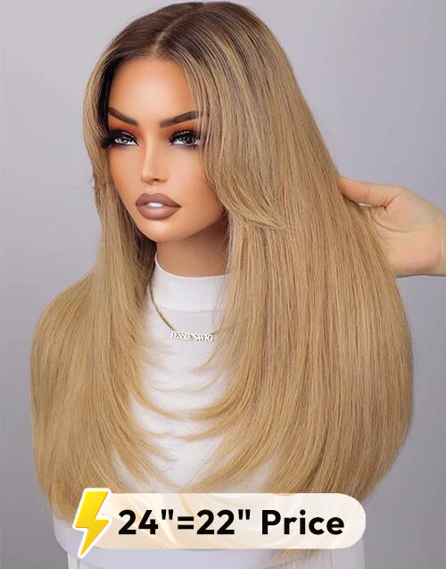22" 24" T4/27 Curtain Bangs Layered Straight Glueless Wig Pre Cut 13x5 Lace Flash Deal