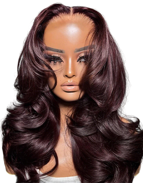 Rich Luxury Burgundy Slight Layered Wavy Wig With Curtain Bangs Pre Cut Lace
