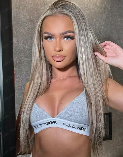 Cece-Long Straight Ombre Balayage Grey Lace Frontal Human Hair Highlight Blonde Grey Wig for Women