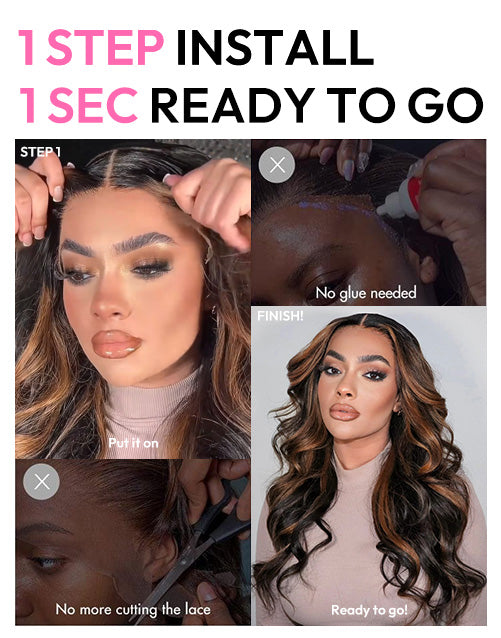 Clara- Brown Highlights Glueless Upgraded 13x5 Pre Cut Lace Frontal Body Wave Wig Black Roots Human Hair