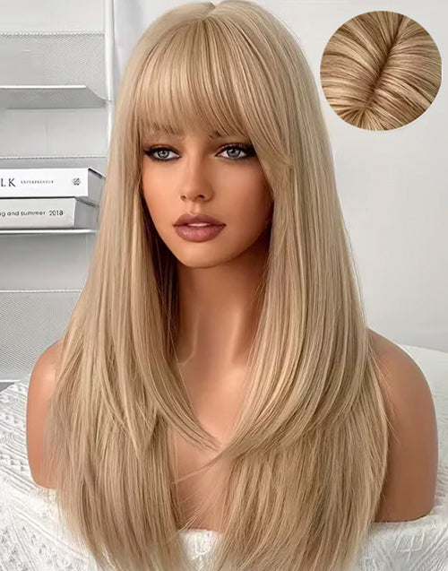 Melody- Minimalist Lace Beige Blonde Elegant Long Straight Layered Wig With Bangs For Women
