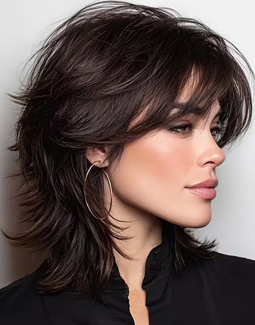 Avis- Mullet Wig With Bangs Short Pixie Cut Layered Wolf Cut Straight Wig For Daily Wear
