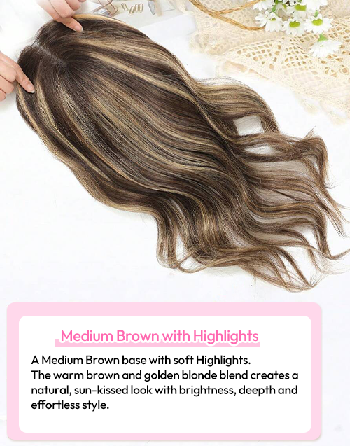 16" 7.5x7.5inch Large Base Highlights Hair Toppers For Women Zero-Net Real Human Hair Toppers With Thinning Hair For Daily Wear