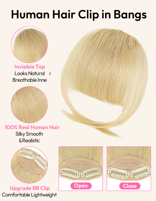 Light Blonde #613 Clip in Bangs Real Human Hair Clip On Bangs For Women Daily Wear